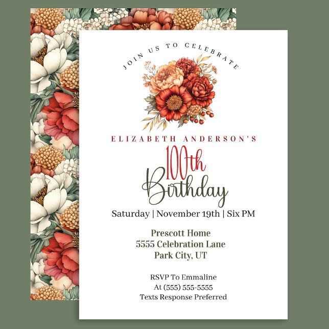 Invitación Elegant Fall Peony and Mum 100th Birthday (Subido por el creador)