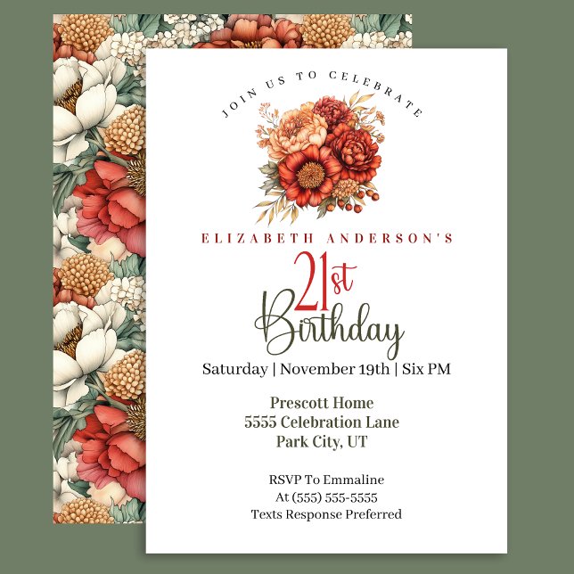 Invitación Elegant Fall Peony and Mum 21st Birthday (Subido por el creador)