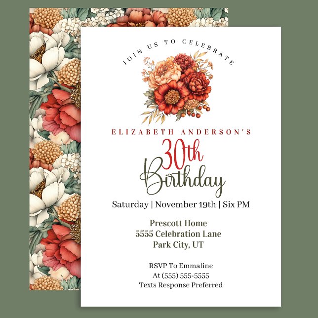 Invitación Elegant Fall Peony and Mum 30th Birthday (Subido por el creador)