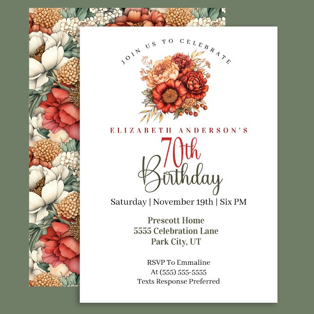 Invitación Elegant Fall Peony and Mum 70th Birthday (Subido por el creador)