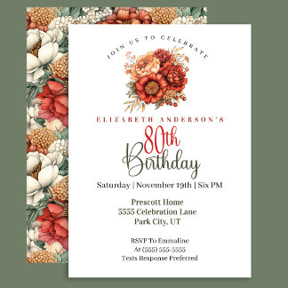 Invitación Elegant Fall Peony and Mum 80th Birthday