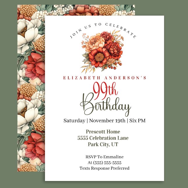 Invitación Elegant Fall Peony and Mum 99th Birthday (Subido por el creador)