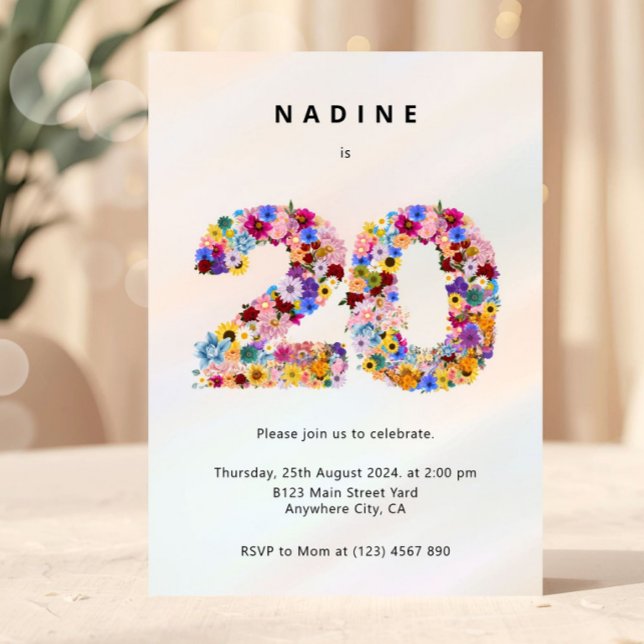 Invitación Elegant Feminine Chic Floral 20th Birthday (floral birthday invitation, 20th birthday invite, flower number invitation, feminine birthday invite)
