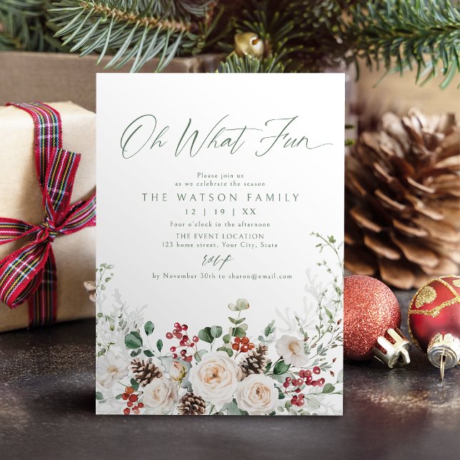 Invitación Elegant Festive Floral Oh What Fun Holiday Party (Elegant Festive Floral Oh What Fun Holiday Party Invitation)
