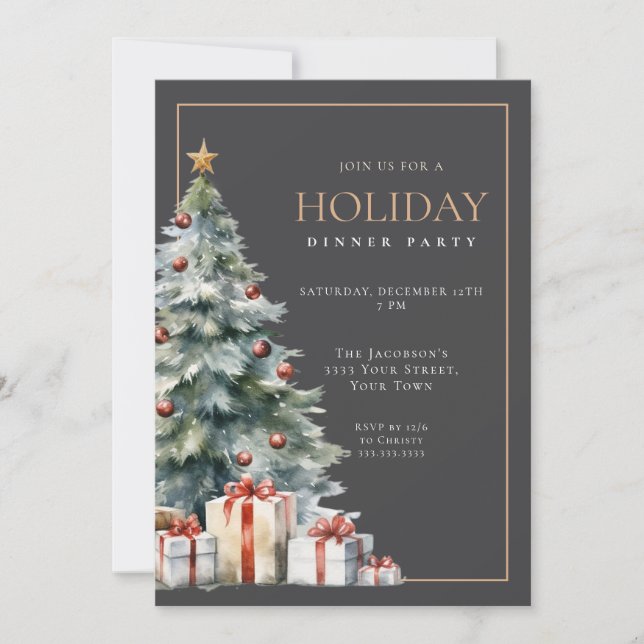 Invitación Elegant Festive Grey Gold Holiday Dinner Party (Anverso)