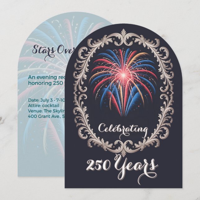 Invitación Elegant Fireworks 250 Years Celebration QR Code (Anverso / Reverso)