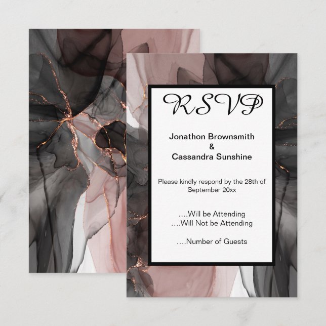 INVITACIÓN ELEGANT FLOATING NEGRO RSVP ROSA (Anverso / Reverso)
