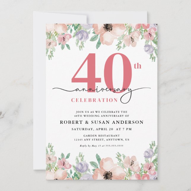 Invitación Elegant Floral 40th Wedding Anniversary (Anverso)