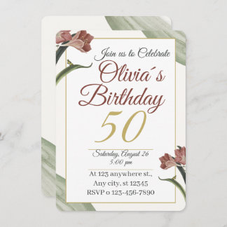 Invitación Elegant Floral 50th – Gold and Blush Flower