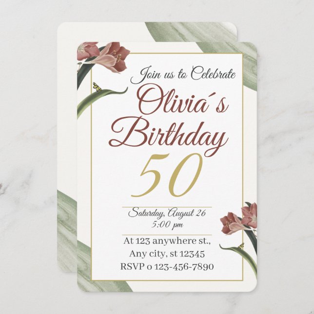 Invitación Elegant Floral 50th – Gold and Blush Flower (Anverso / Reverso)