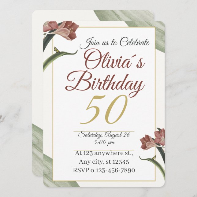 Invitación Elegant Floral 50th – Gold and Blush Flower (Anverso / Reverso)