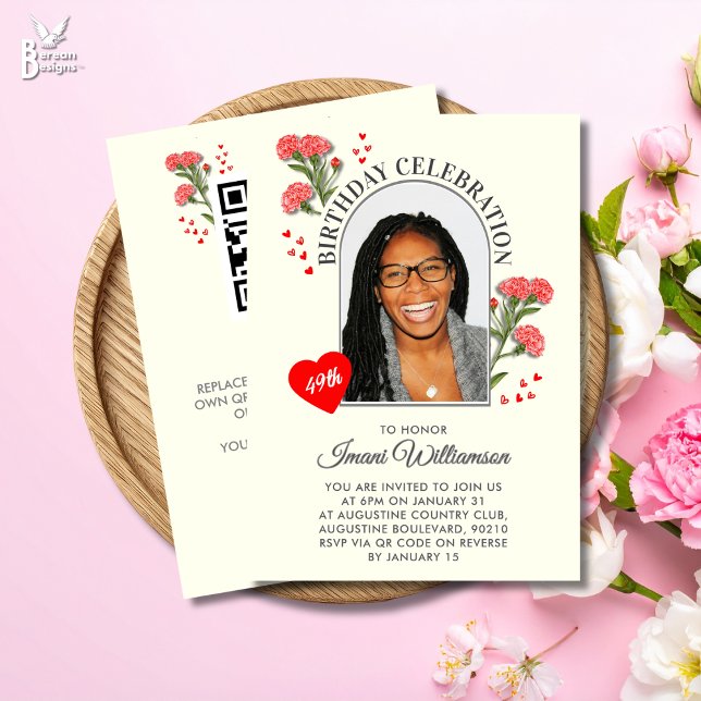 Invitación Elegant Floral ANY AGE Photo Birthday  (JANUARY Birth Month Flower Birthday Any Age Invitation with QR code.)