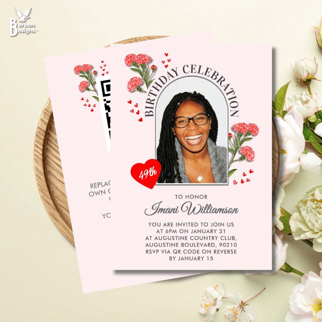Invitación Elegant Floral ANY AGE Photo JANUARY Birthday  (JANUARY birth month flower birthday invitation with customizable photo and text)