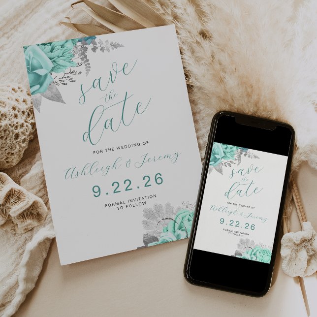 Invitación Elegant Floral Aqua Silver Save the Date (Subido por el creador)