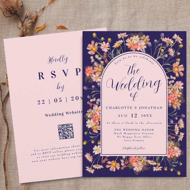 Invitación Elegant Floral Arch Navy Blue Blush Pink Wedding (Elegant Wildflower watercolor floral arch navy blue blush pink Wedding qr code invitation)
