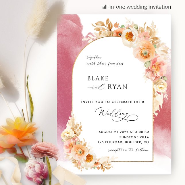 Invitación Elegant Floral Arch Peach Burgundy Blush Wedding I (Subido por el creador)