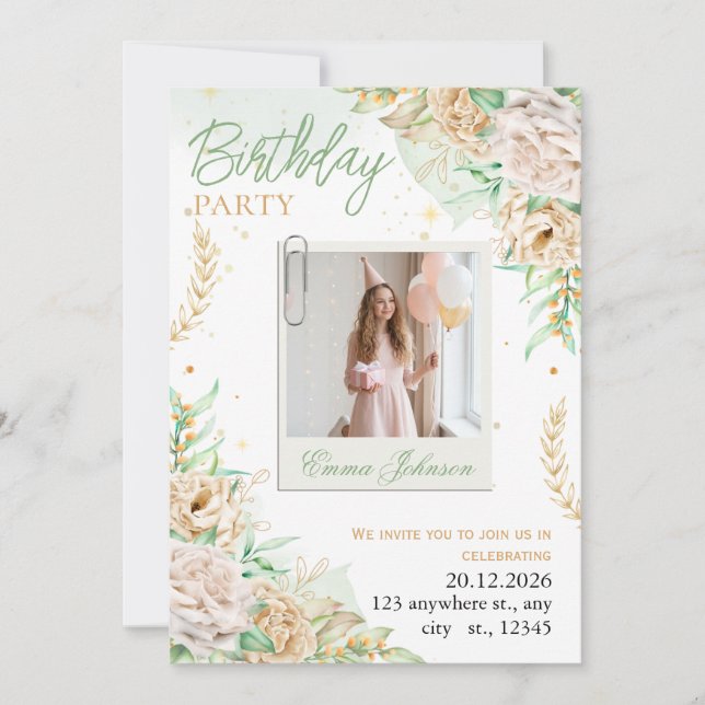 Invitación Elegant Floral Birthday (Anverso)