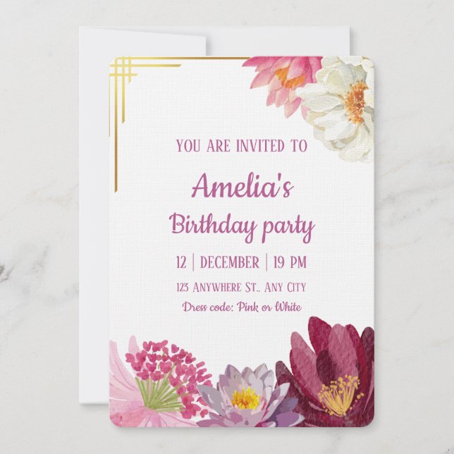Invitación Elegant Floral Birthday Invitation with Gold Frame (Anverso)