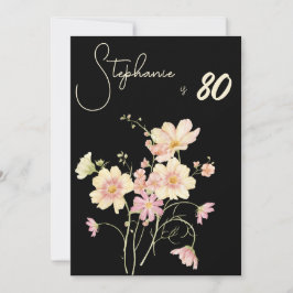 Invitación Elegant Floral Black  80th Birthday Rose Gold Foil