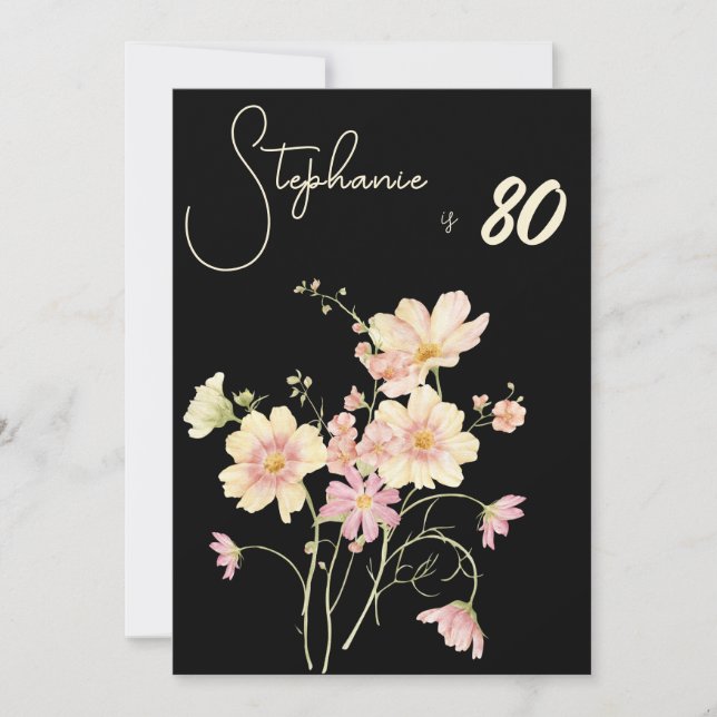 Invitación Elegant Floral Black  80th Birthday Rose Gold Foil (Anverso)