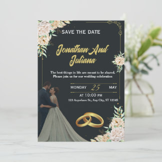 Invitación Elegant Floral Black Gold Custom Wedding Invite 