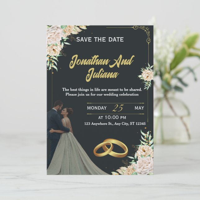 Invitación Elegant Floral Black Gold Custom Wedding Invite  (Anverso de pie)