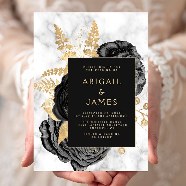 Invitación Elegant Floral Black Gold Gray Marble Wedding (Subido por el creador)
