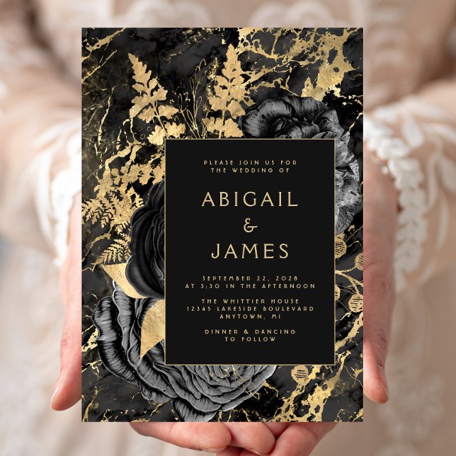 Invitación Elegant Floral Black Gold Marble Wedding (Subido por el creador)