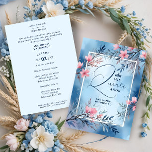 Invitación Elegant Floral Blue & Pink Romantic Frame XV's