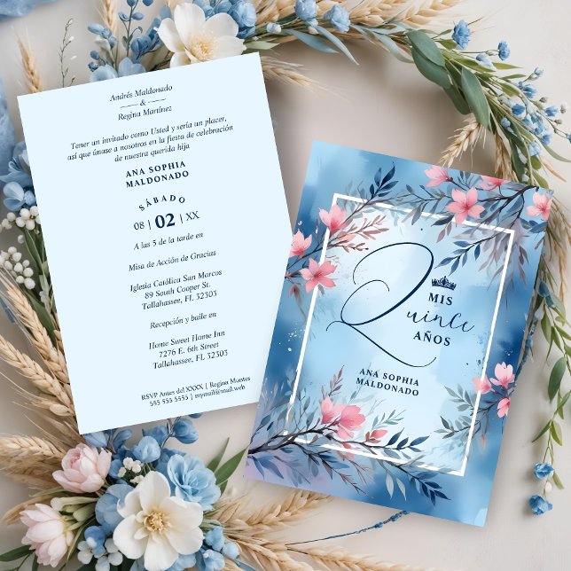 Invitación Elegant Floral Blue & Pink Romantic Frame XV's (Elegant Floral Blue & Pink Romantic Frame Mis XV Años Invitations Cards in Spanish.)