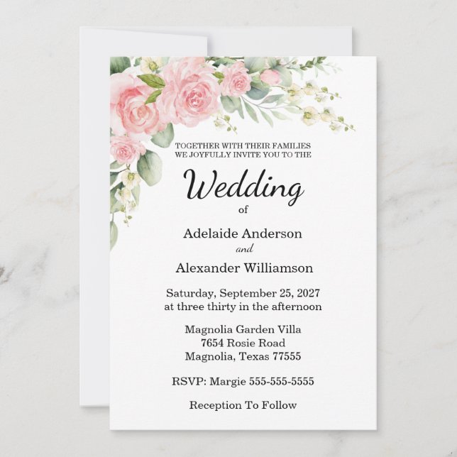 Invitación Elegant Floral Botanical Rose Pink Wedding (Anverso)