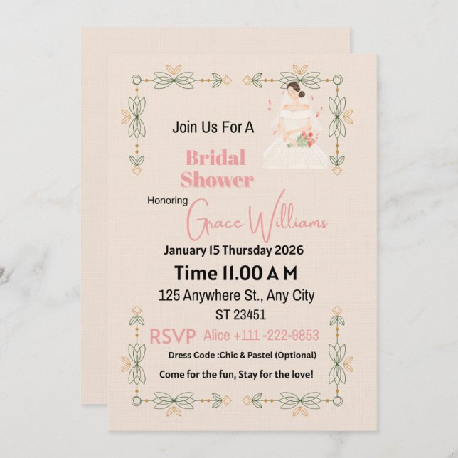 Invitación Elegant Floral Bridal Shower Invitation | Customiz (Anverso / Reverso)