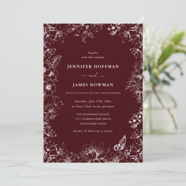 Invitación Elegant Floral Burgundy Wedding Invitation (Anverso de pie)