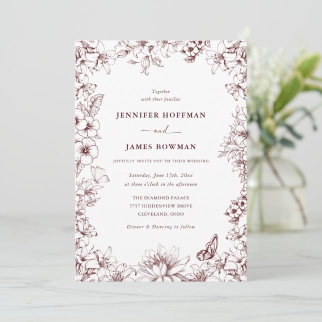 Invitación Elegant Floral Burgundy Wedding Invitation (Anverso de pie)