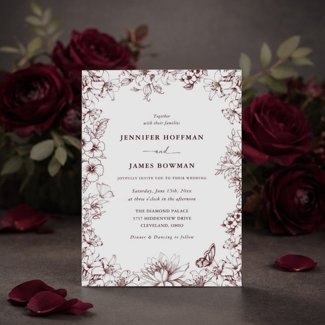 Invitación Elegant Floral Burgundy Wedding Invitation (Subido por el creador)