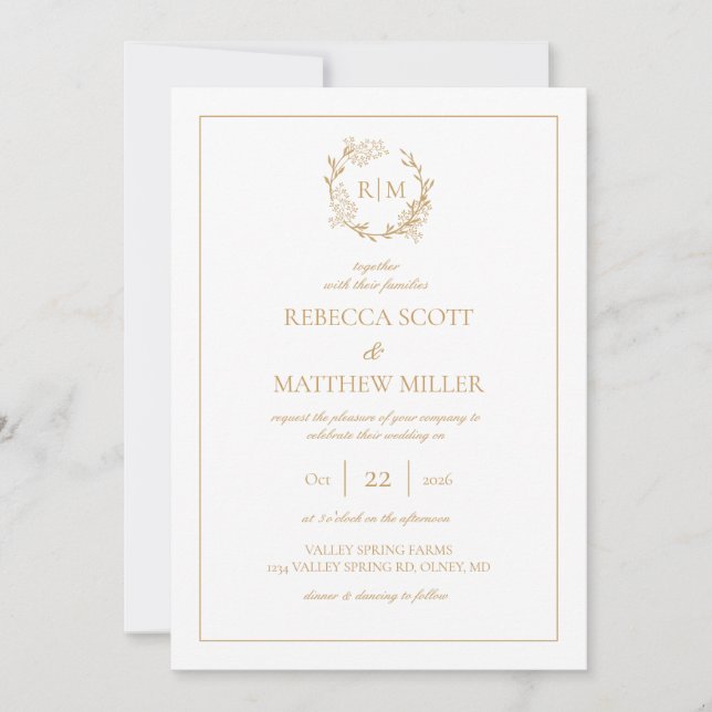 Invitación Elegant Floral Crest Monogram Wedding (Anverso)