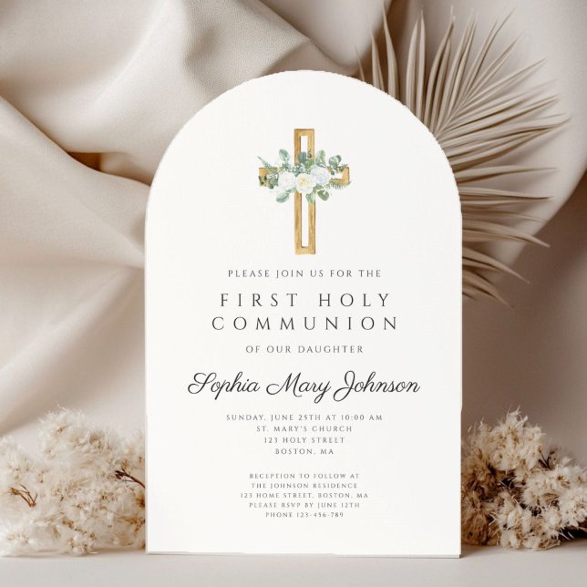 Invitación Elegant Floral Cross Girl First Holy Communion (Elegant Floral Cross Girl First Holy Communion Invitation)