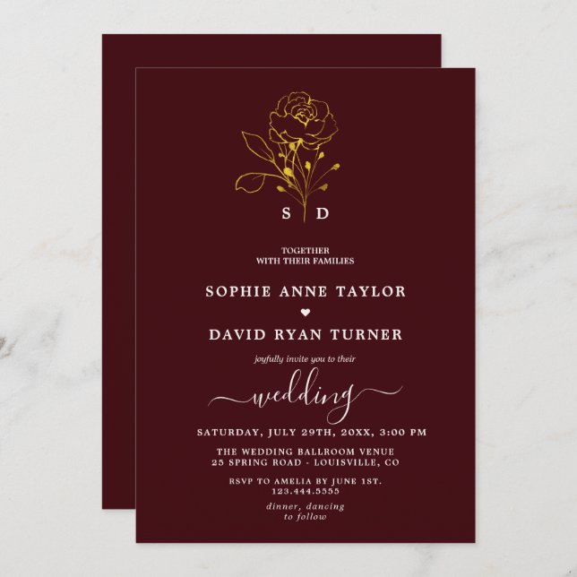 Invitación Elegant Floral Deep Burgundy Gold Monogram Wedding (Anverso / Reverso)
