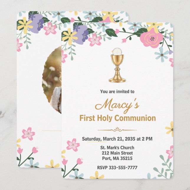 Invitación Elegant Floral First Holy Communion Photo  (Anverso / Reverso)