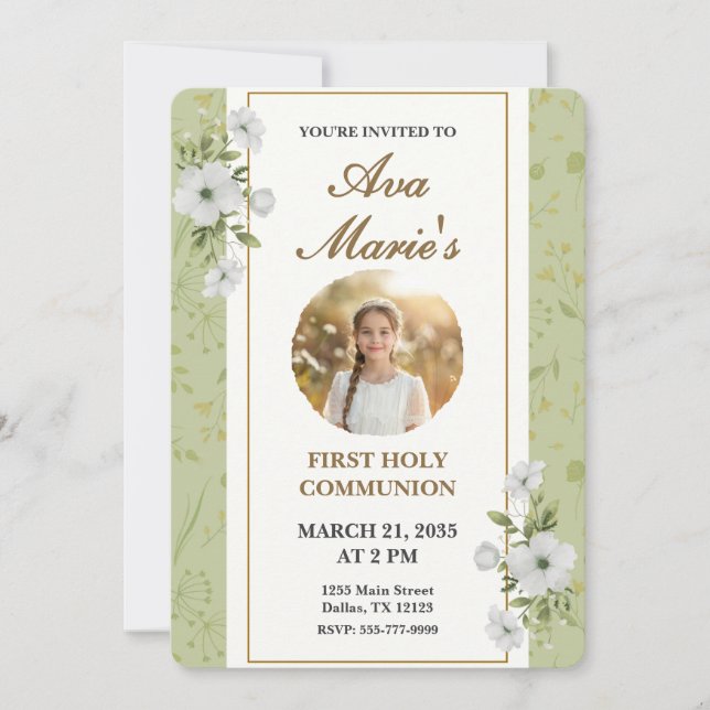 Invitación Elegant Floral First Holy Communion Photo Keepsake (Anverso)