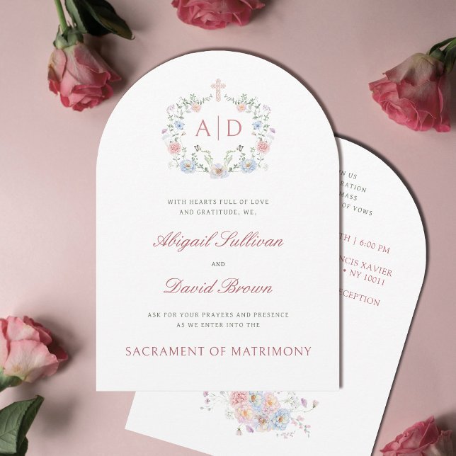 Invitación Elegant Floral Frame Monograms Catholic Wedding (Subido por el creador)