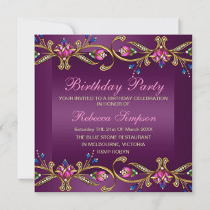 Invitación Elegant Floral Gem Purple/Black Birthday Invite