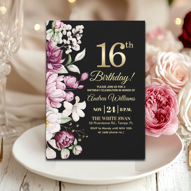 Invitación Elegant Floral Gold 16 Birthday Party (Subido por el creador)