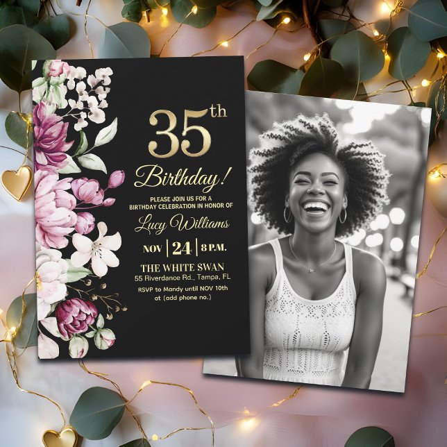 Invitación Elegant Floral Gold 35 Birthday Photo (Subido por el creador)