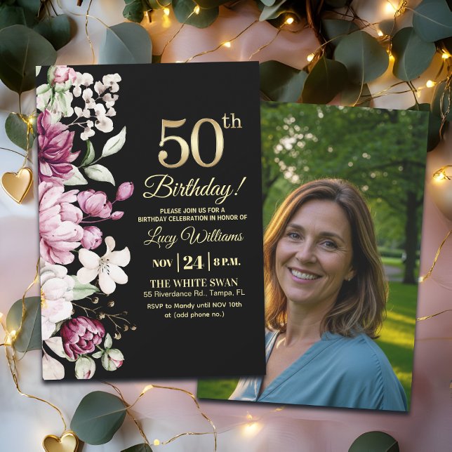 Invitación Elegant Floral Gold 50 Birthday Photo (Subido por el creador)