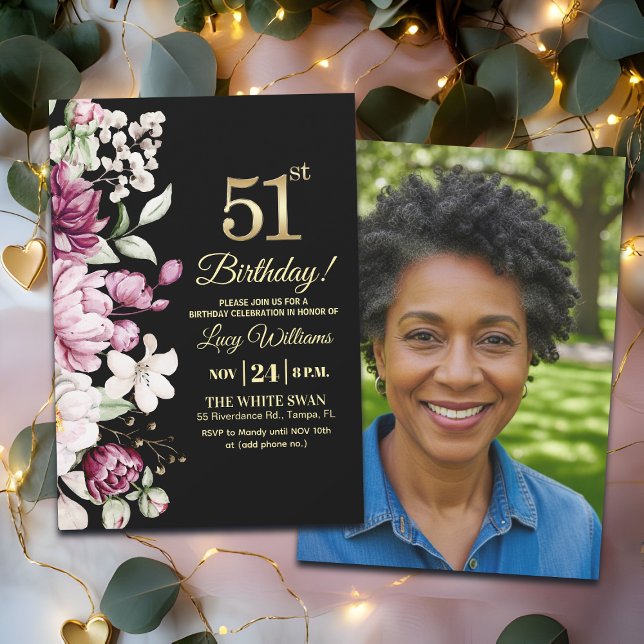 Invitación Elegant Floral Gold 51 Birthday Photo (Subido por el creador)