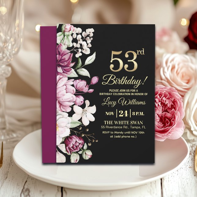 Invitación Elegant Floral Gold 53 Birthday Party (Subido por el creador)
