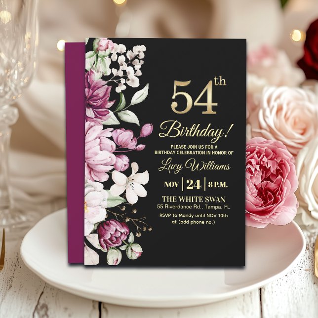 Invitación Elegant Floral Gold 54 Birthday Party (Subido por el creador)