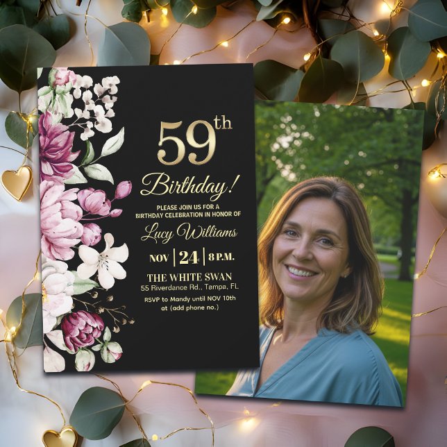 Invitación Elegant Floral Gold 59 Birthday Photo (Subido por el creador)