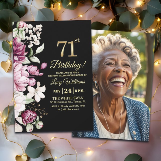 Invitación Elegant Floral Gold 71 Birthday Photo (Subido por el creador)